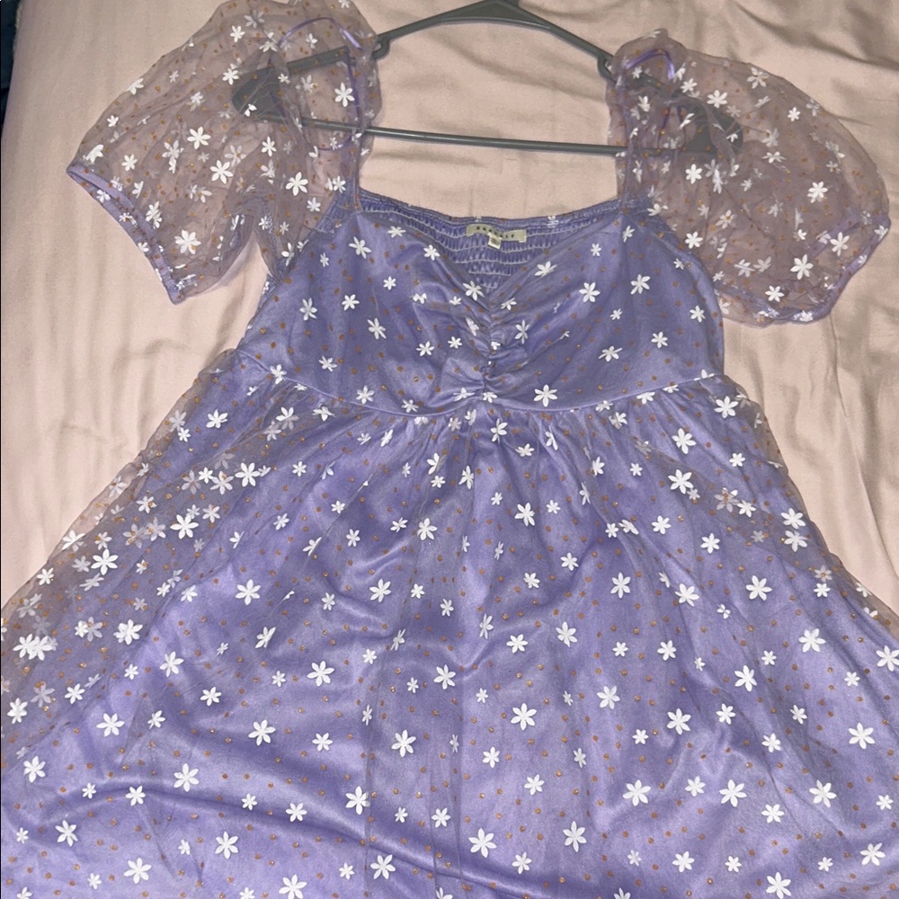 Floral Purple Dress with see through shoulder sleeves